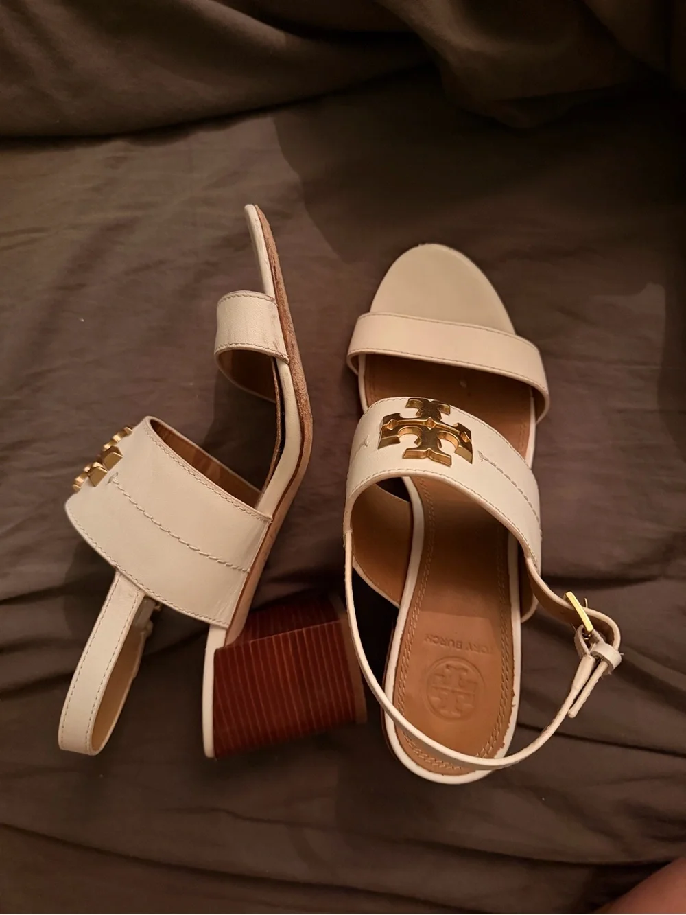 Tory Burch Cream Leather Logo Slingback Sandals